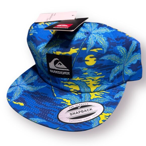 Quiksilver Blue Floral Snapback Hat Tropical Palm Trees‎ Blue/Yellow Rare - Picture 1 of 4